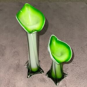 Pair of Murano Art Vases Calla Lily 6” and 11” inches Green White Hand Blown